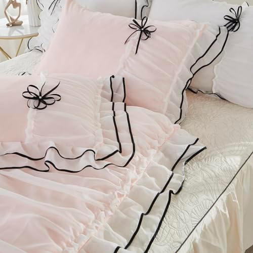 Lemfux Light Pink Duvet Cover Set with Bowtie and Ruffles