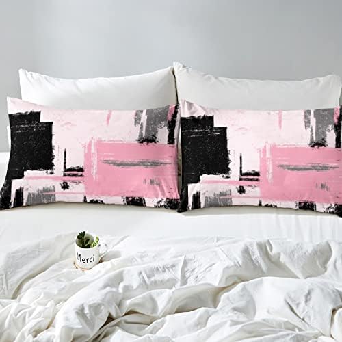 Feelyou Abstract Duvet Cover Set - Pink Black Pattern Queen Size 3Pcs