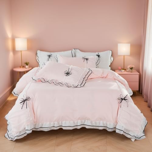 Lemfux Light Pink Duvet Cover Set with Bowtie and Ruffles