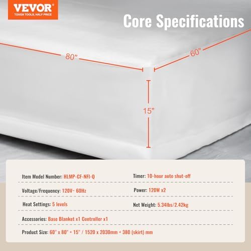 VEVOR Heated Mattress Pad Queen Size 60x80in with 5 Heat Settings