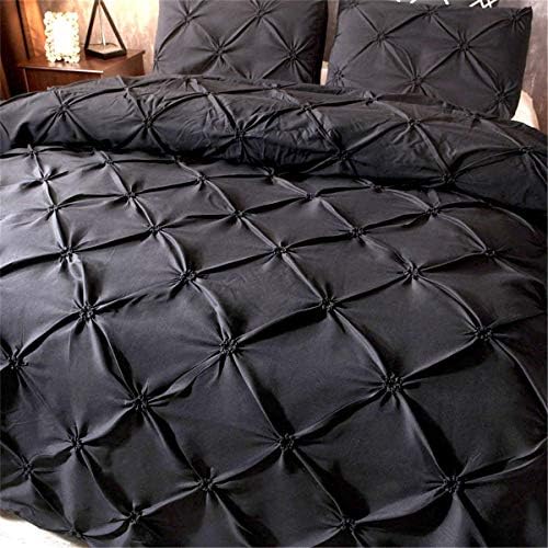 Feelyou Pinch Pleated Duvet Cover Set - Solid Black with 2 Pillow Shams