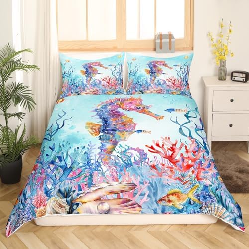Feelyou Seahorse Duvet Cover Set - Full Size Lightweight Kids Bedding