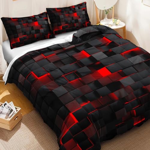 Nttopship Geometric Red Black Duvet Cover Set Queen Size 3PCS 1