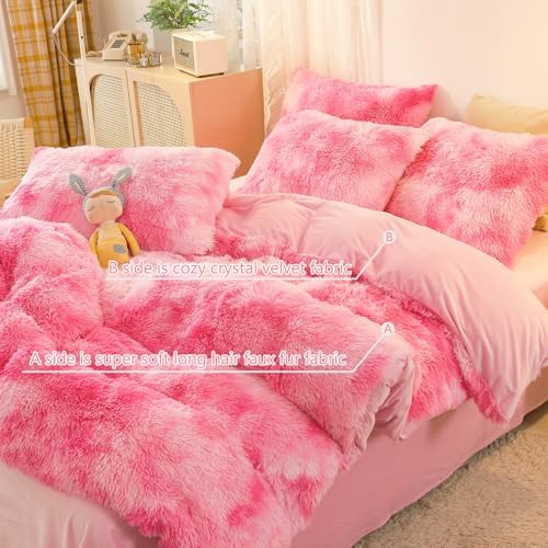 SUCSES Pink Fluffy Duvet Cover Set 3 Pieces