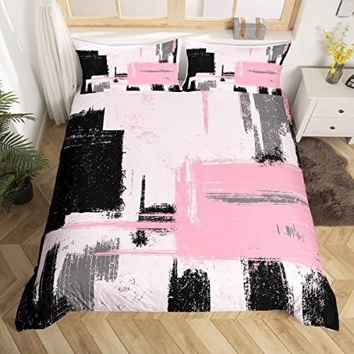Feelyou Abstract Duvet Cover Set - Pink Black Pattern Queen Size 3Pcs