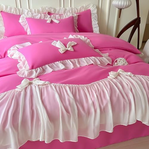 SOUKECHY Girls Lace Bedding Set Hot Pink Queen Duvet Cover with Bow Ruffles