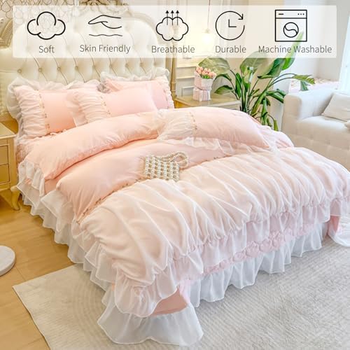 Ruffle Lace Duvet Cover Set King Size with Zipper Chiffon Trim