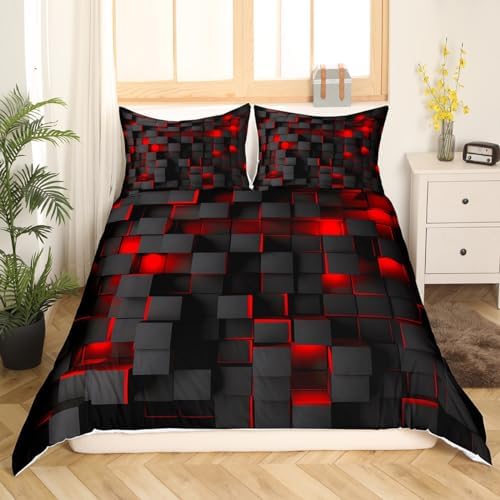 Feelyou Queen Duvet Cover Set Red Black Geometric Design