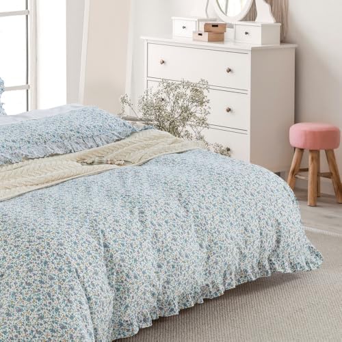 DAUAOTO Duvet Cover Set with Ruffle 100 Cotton Blue Floral