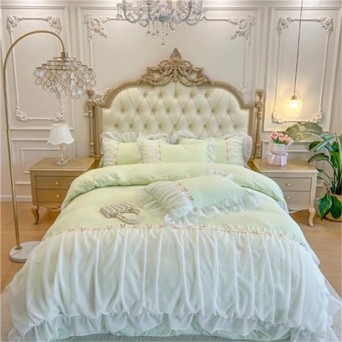 MOOWOO Green Lace Ruffle Duvet Cover Set - Queen Size 3 Piece
