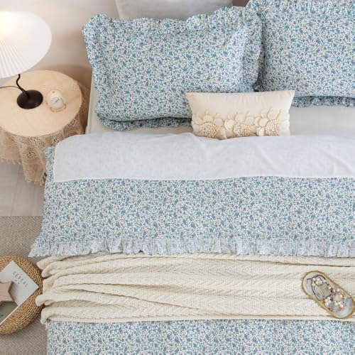 DAUAOTO Duvet Cover Set with Ruffle 100 Cotton Blue Floral