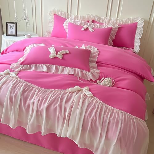 SOUKECHY Girls Lace Bedding Set Hot Pink Queen Duvet Cover with Bow Ruffles