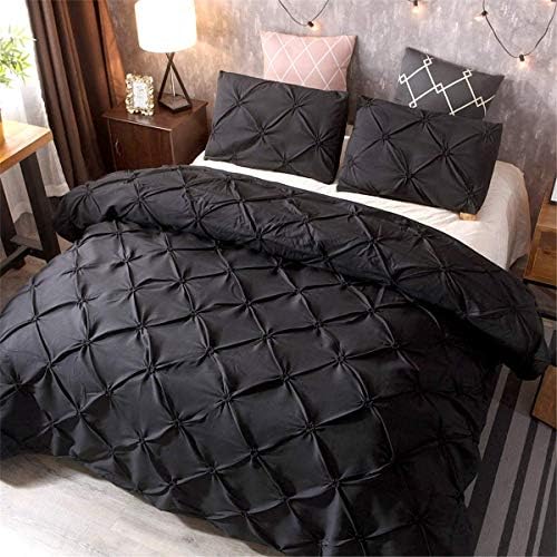Feelyou Pinch Pleated Duvet Cover Set - Solid Black with 2 Pillow Shams