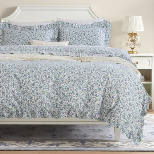 DAUAOTO Duvet Cover Set with Ruffle 100 Cotton Blue Floral