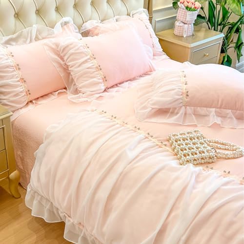 Ruffle Lace Duvet Cover Set King Size with Zipper Chiffon Trim