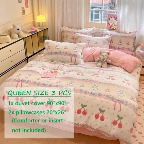 KASBLUEL 3Pcs Bedding Set Pink Cherry Rabbit Duvet Cover