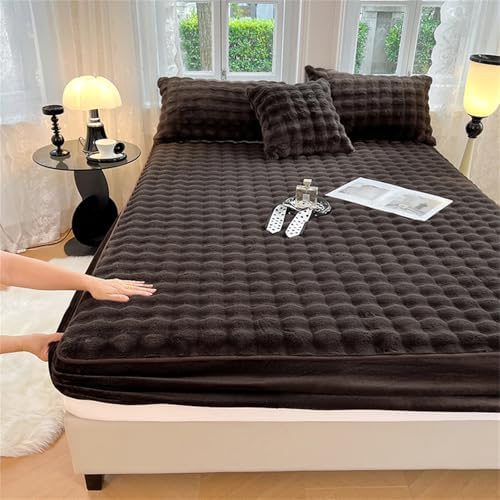 Velvet Flannel Checkered Mattress Protector 6-18 Deep Pocket Coffee King