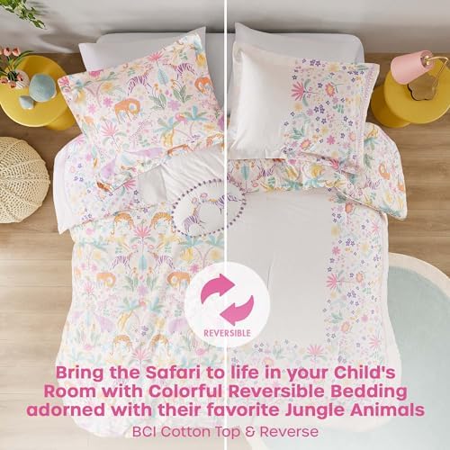 Twin Duvet Cover Set with Jungle Animals and Reversible Floral Design