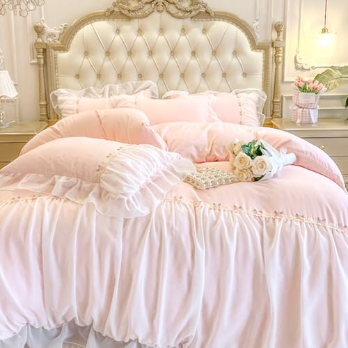 Ruffle Lace Duvet Cover Set King Size with Zipper Chiffon Trim