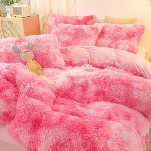 SUCSES Pink Fluffy Duvet Cover Set 3 Pieces