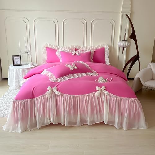 SOUKECHY Girls Lace Bedding Set Hot Pink Queen Duvet Cover with Bow Ruffles