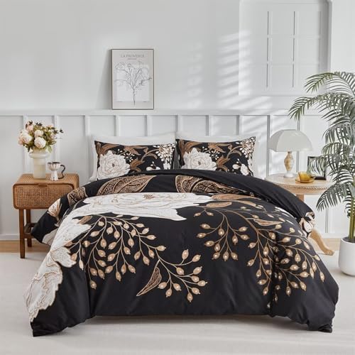 MKXI Gold Floral Black Duvet Cover Twin XL Set