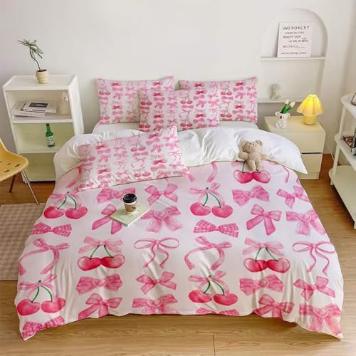 Pink Cherry Bow Duvet Cover Set Queen Size