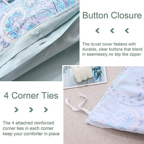 URBONUR Paisley Duvet Cover Set Twin 3Pcs Light Blue Reversible