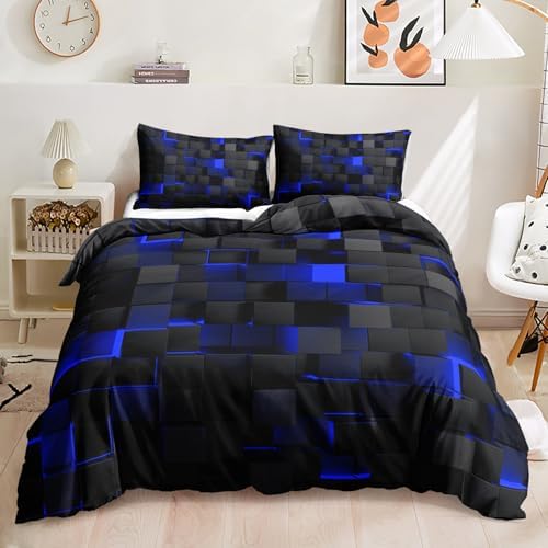 Geometric Blue Black Duvet Cover Set Queen Size 3PCS
