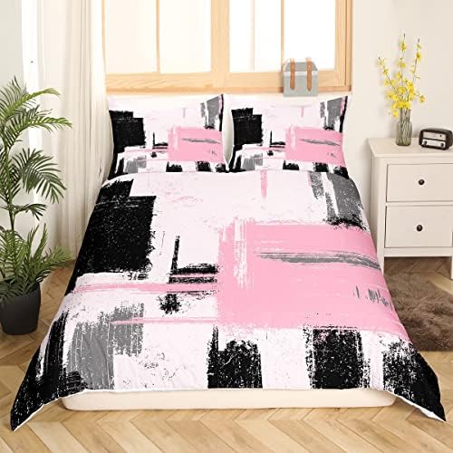 Feelyou Abstract Duvet Cover Set - Pink Black Pattern Queen Size 3Pcs