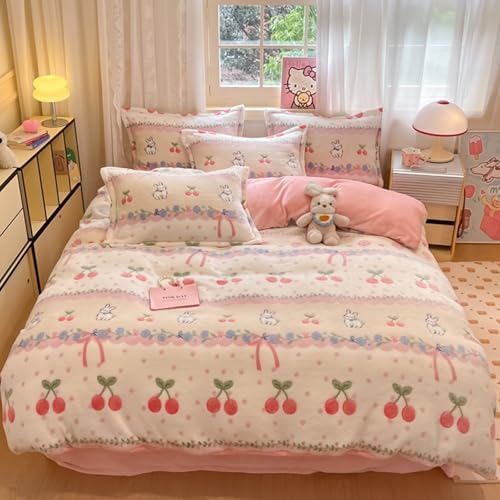 KASBLUEL 3Pcs Bedding Set Pink Cherry Rabbit Duvet Cover