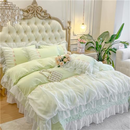 MOOWOO Green Lace Ruffle Duvet Cover Set - Queen Size 3 Piece