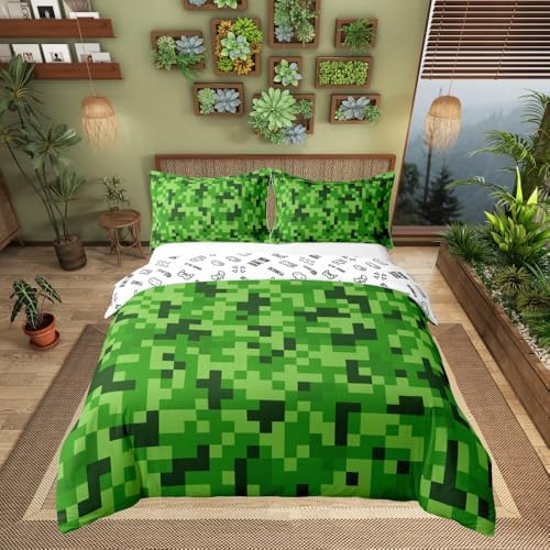 Green Pixelated Gamer Duvet Cover Set 3 PCS