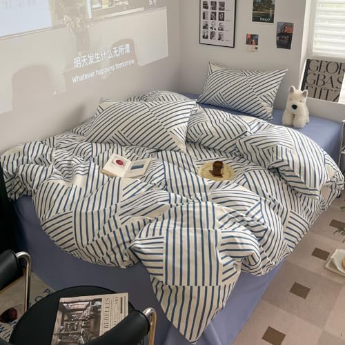 LIWHENHAO 100 Cotton Duvet Cover Set Queen Modern Blue Stripe