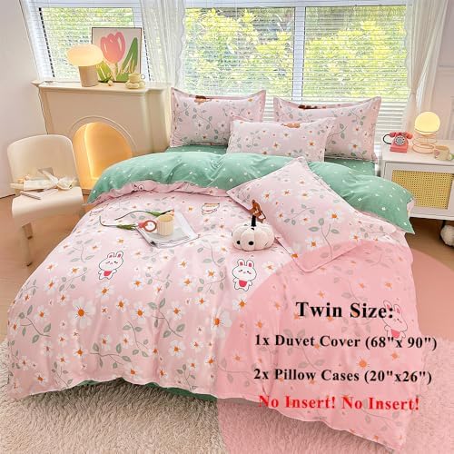 OranFran Kids Cartoon Duvet Cover Set Pink Floral 3PCS Reversible Kawaii