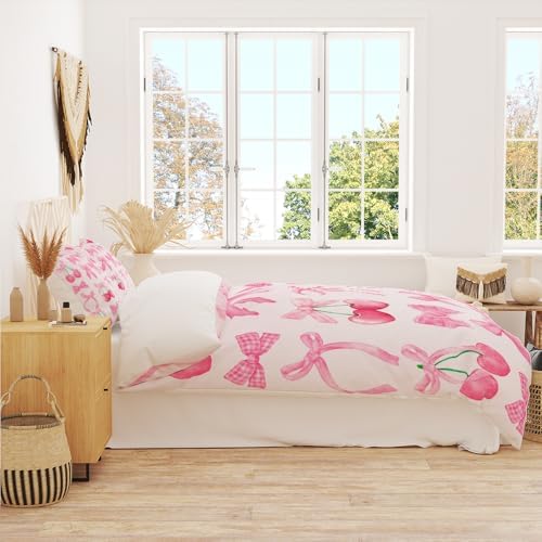 Pink Cherry Bow Duvet Cover Set Queen Size