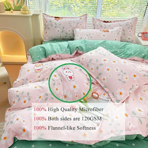 OranFran Kids Cartoon Duvet Cover Set Pink Floral 3PCS Reversible Kawaii