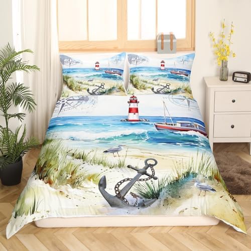 Castle Fairy Ocean Beach Queen Duvet Set with Lighthouse Sailboat Anchors