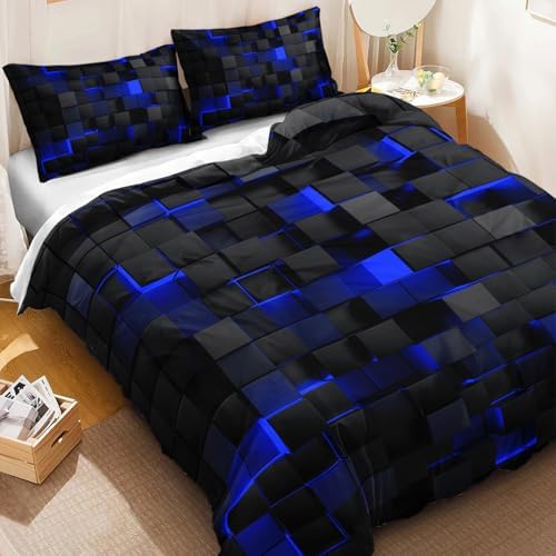 Geometric Blue Black Duvet Cover Set Queen Size 3PCS
