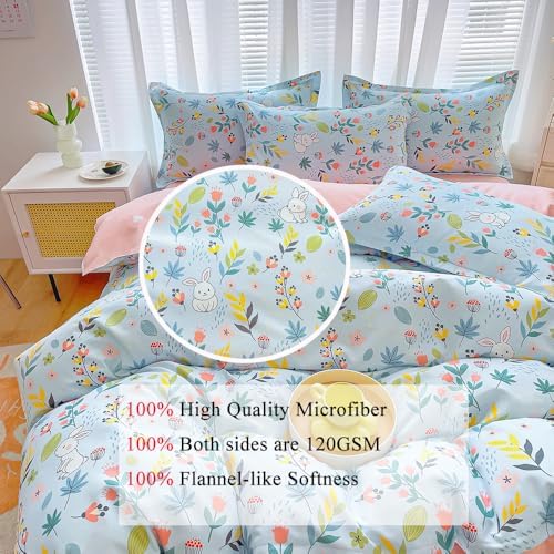 Kids Cartoon Bedding Set with Bunny and Floral Duvet Cover 3PCS