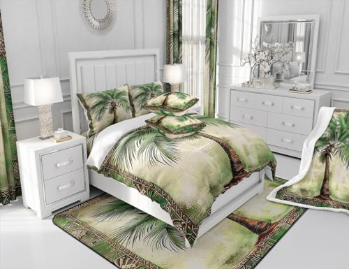 Feelyou Green Palm Tree Print Queen Duvet Cover Set 3Pcs No Comforter
