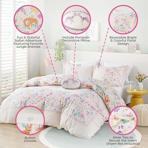 Twin Duvet Cover Set with Jungle Animals and Reversible Floral Design