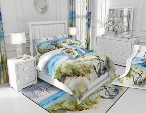 Castle Fairy Ocean Beach Queen Duvet Set with Lighthouse Sailboat Anchors