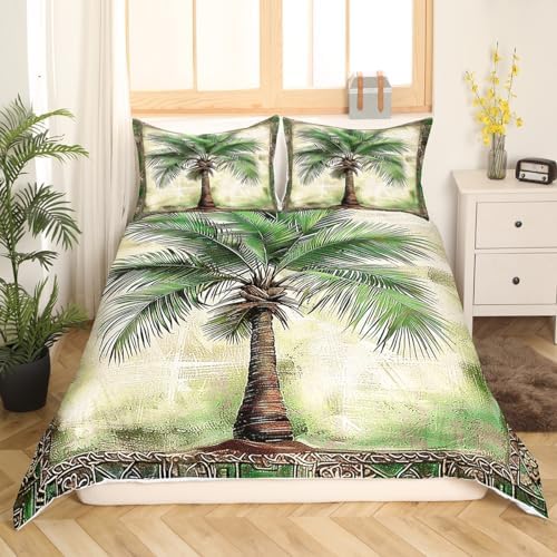Feelyou Green Palm Tree Print Queen Duvet Cover Set 3Pcs No Comforter
