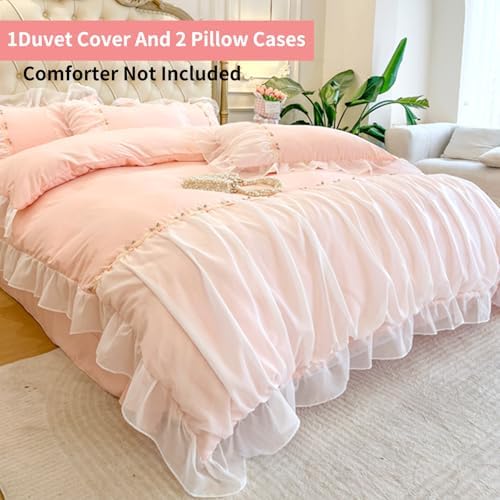 Ruffle Lace Duvet Cover Set King Size with Zipper Chiffon Trim
