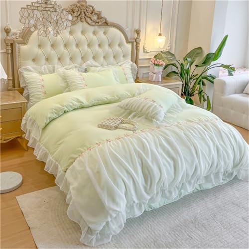 MOOWOO Green Lace Ruffle Duvet Cover Set - Queen Size 3 Piece