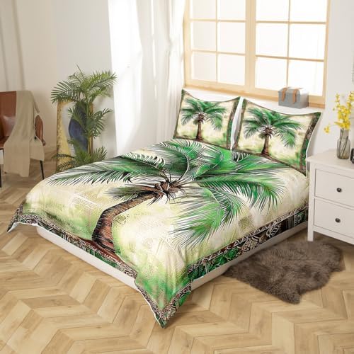 Feelyou Green Palm Tree Print Queen Duvet Cover Set 3Pcs No Comforter