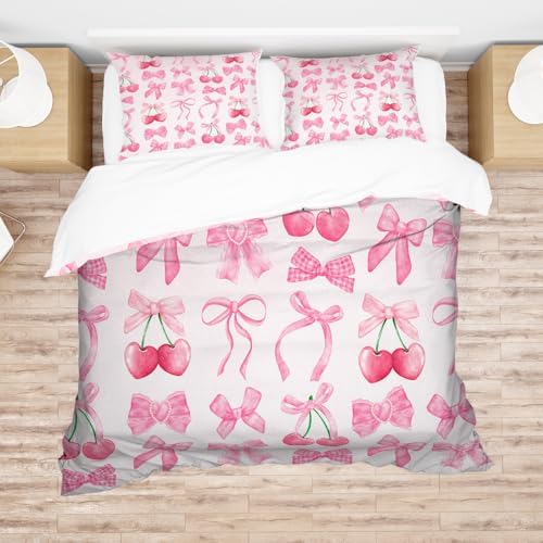Pink Cherry Bow Duvet Cover Set Queen Size