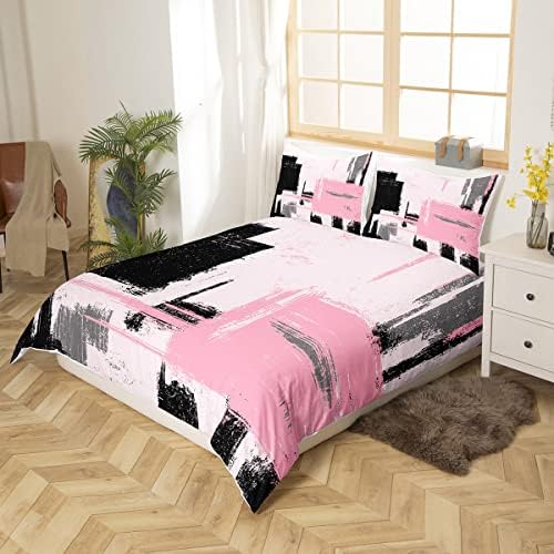 Feelyou Abstract Duvet Cover Set - Pink Black Pattern Queen Size 3Pcs