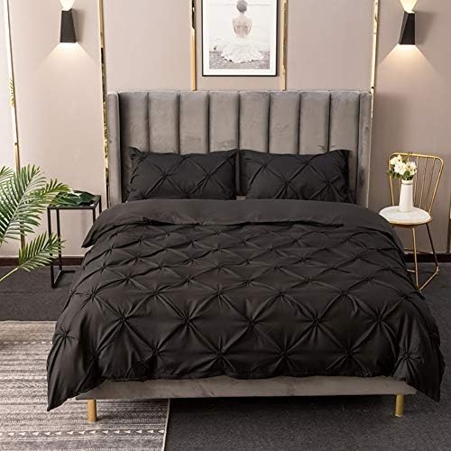 Feelyou Pinch Pleated Duvet Cover Set - Solid Black with 2 Pillow Shams